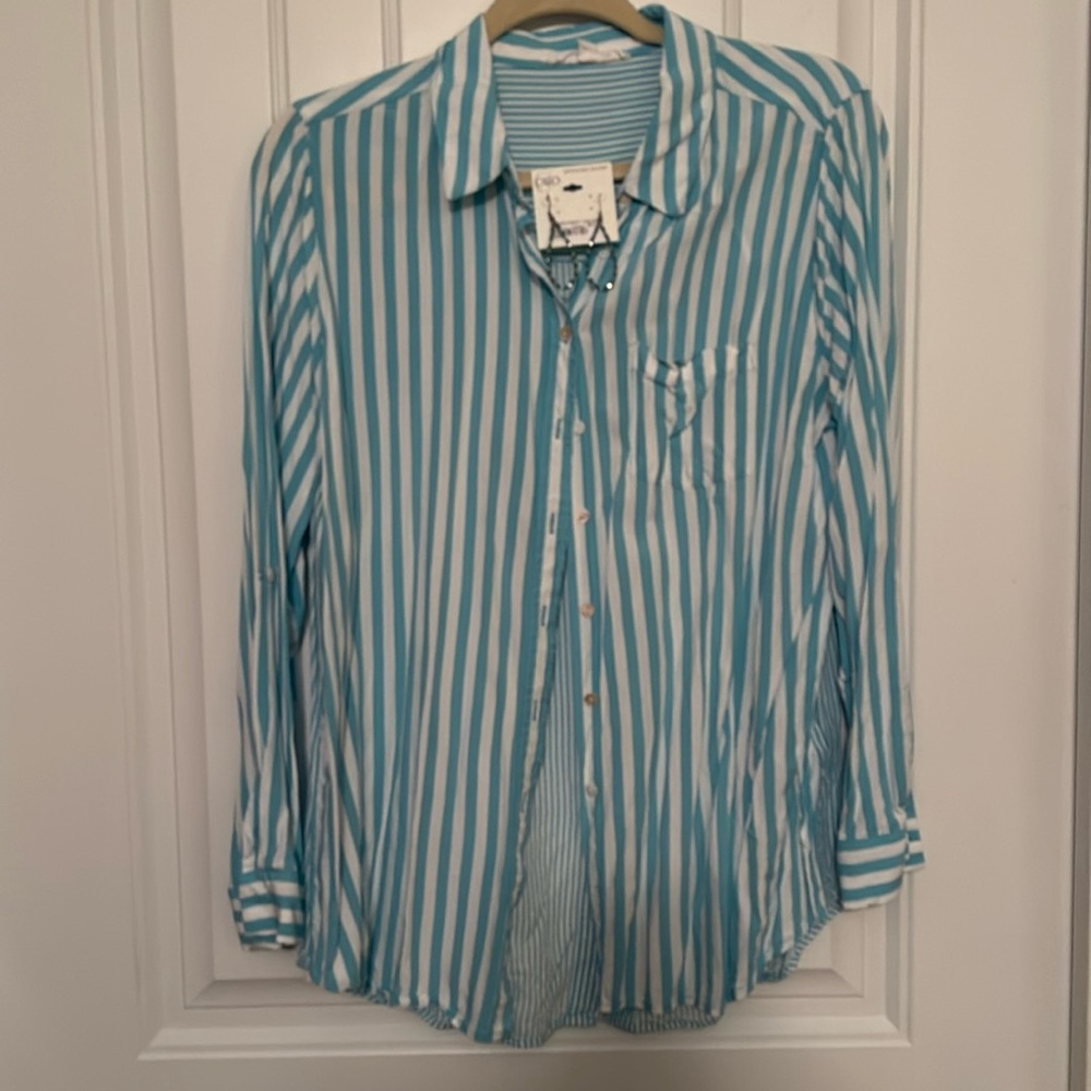 Jane & Delancey button down shirt and earrings